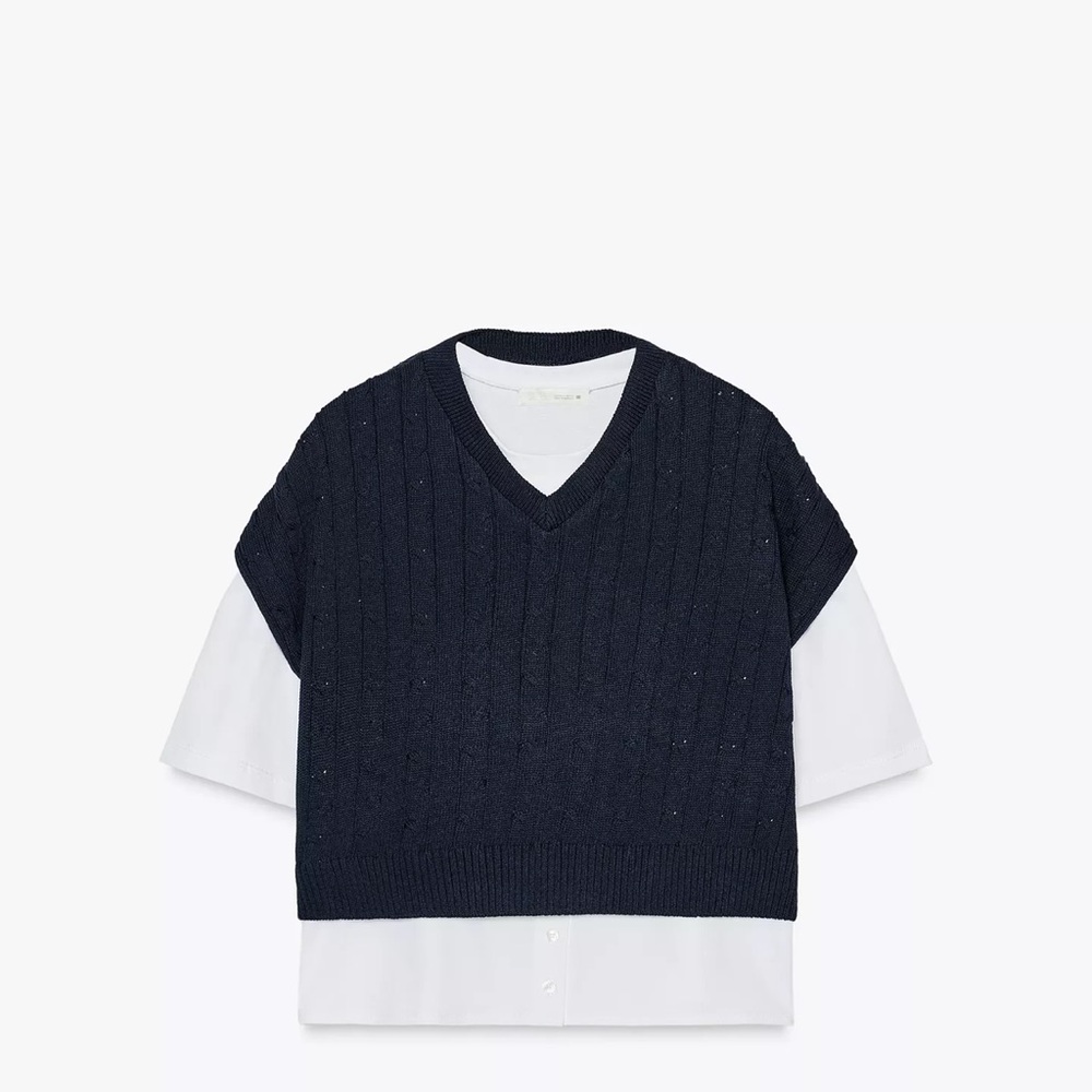 Zara Navy Blue and White Layered Blouse